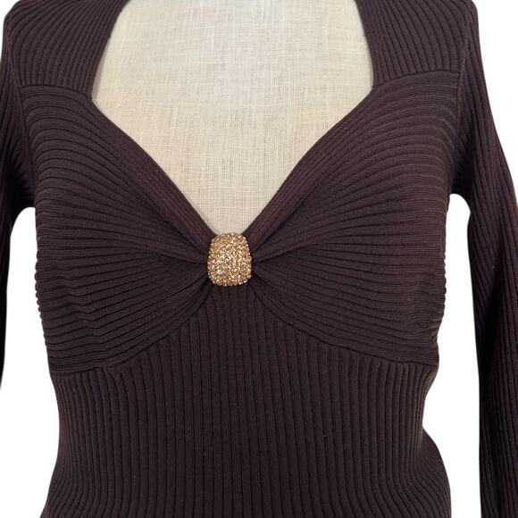 Cache Brown Gold Ribbed Tube Top Shirt Womens Sz Large Y2K V Neck 3/4 Sleeve - Picture 6 of 16